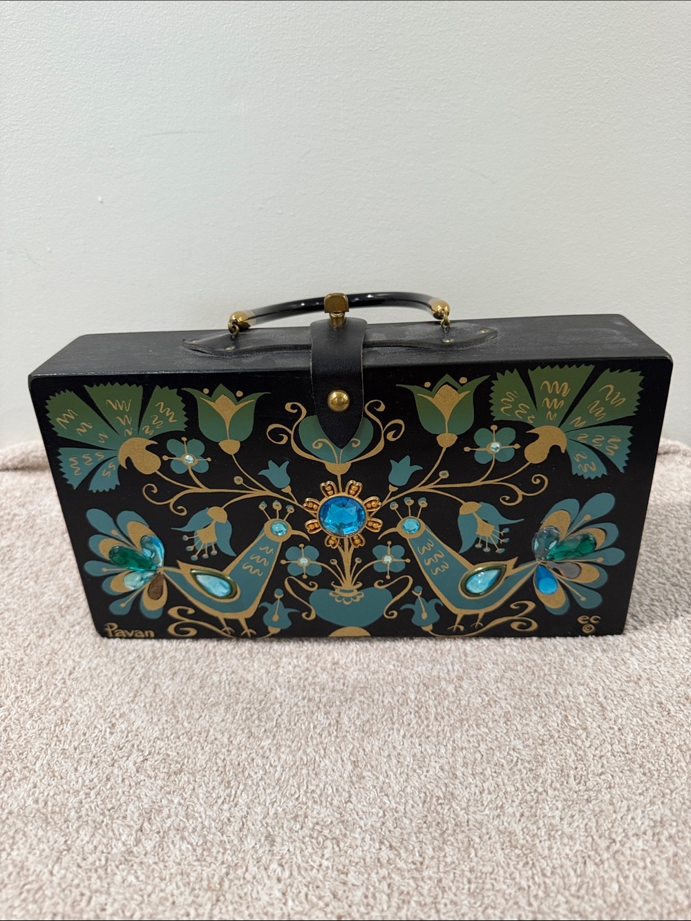 Black Hand-Painted Floral Box Clutch with Teal Accents